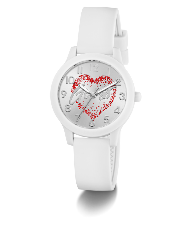 White GUESS Kids White Analog Watch with a red heart design on the dial against a white background