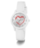 White GUESS Kids White Analog Watch with a red heart design on the dial against a white background