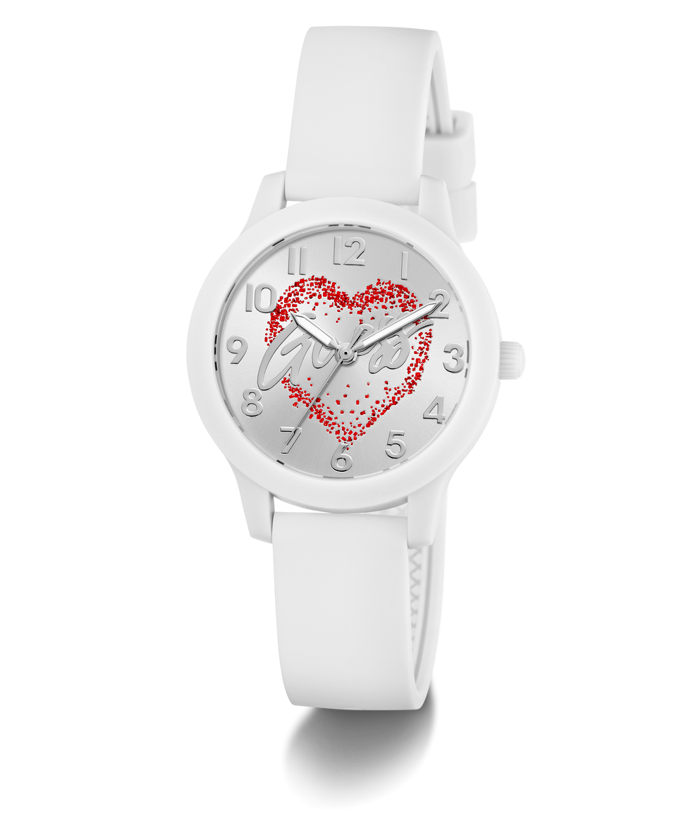 White GUESS Kids White Analog Watch with a red heart design on the dial against a white background