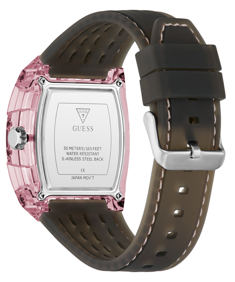 GUESS Mens Sporting Pink Multi-function Watch with pink crystal caseback and black strap on white background