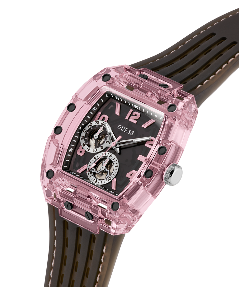 Pink and black watch with visible brand logo on a white background lifestyle