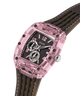 Pink and black watch with visible brand logo on a white background lifestyle