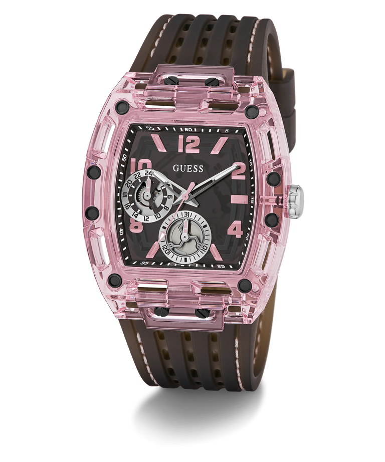 GUESS Mens Sporting Pink Multi-function Watch with a clear case on a white background