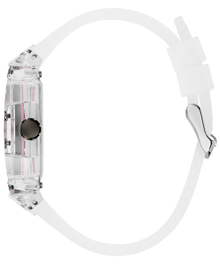 A clear analog watch with a white silicone strap, shown from a side profile view against a solid white background.