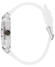 A clear analog watch with a white silicone strap, shown from a side profile view against a solid white background.