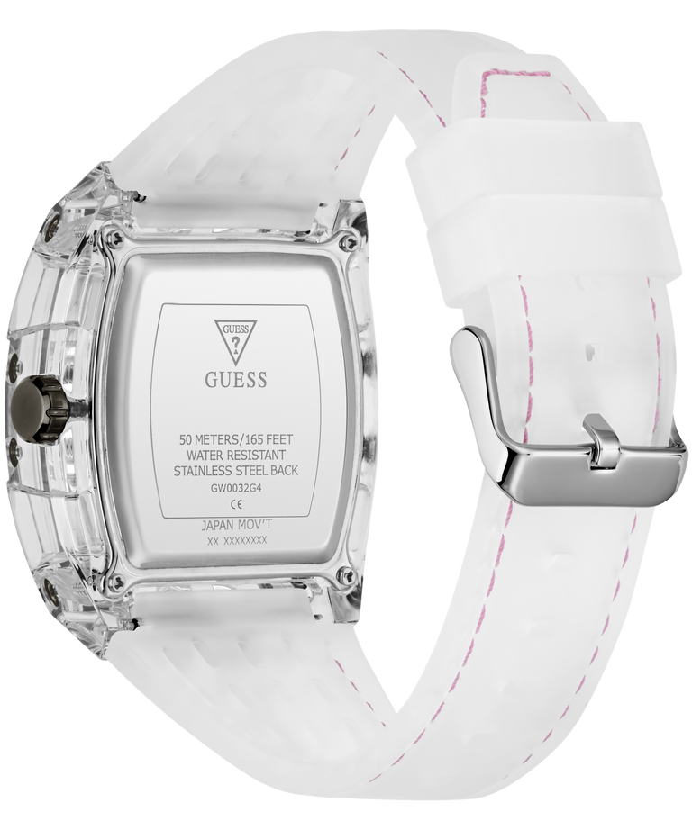 The back view of a GUESS watch with a transparent crystal case, a white silicone strap with pink stitching, and a silver buckle.
