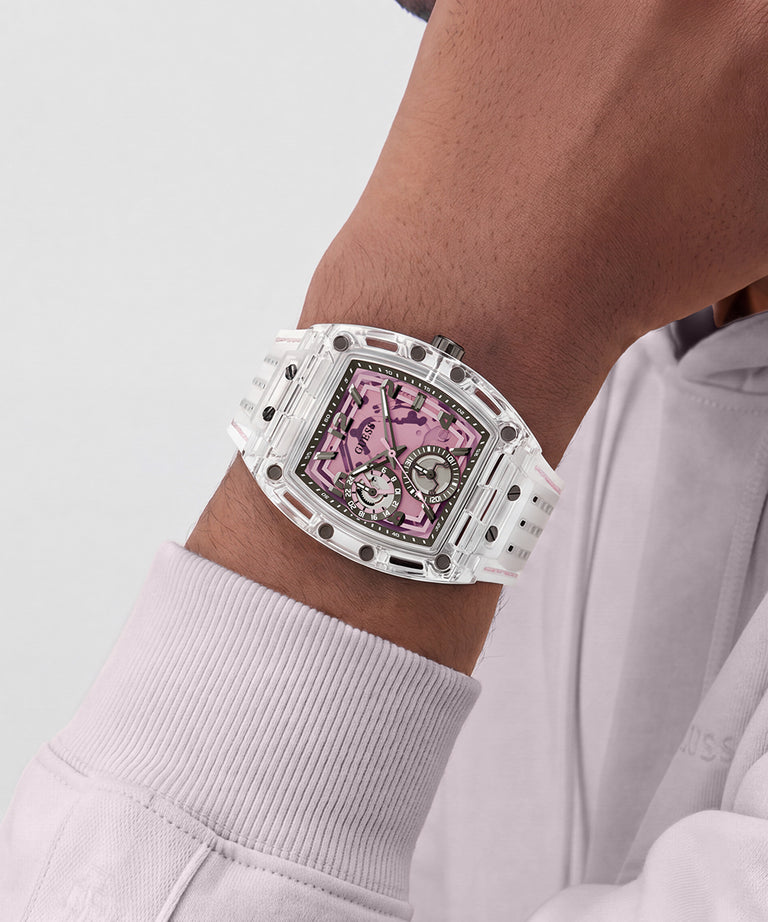 GUESS Mens Sporting Pink Transparent Multi-function Watch
