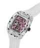 A luxury watch by GUESS featuring a transparent clear resin case, a white rubber strap with pink stitching, and a pink patterned dial with black details. lifestyle