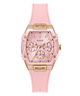 Pink watch with gold accents on a white background