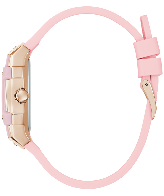 GUESS Ladies Sparkling Pink Rose Gold Tone Multi-function Watch with gold case on a white background
