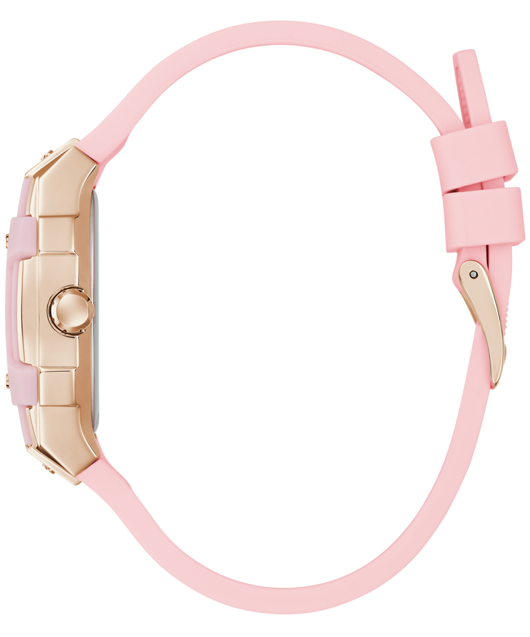 GUESS Ladies Sparkling Pink Rose Gold Tone Multi-function Watch with gold case on a white background