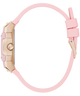 GUESS Ladies Sparkling Pink Rose Gold Tone Multi-function Watch with gold case on a white background