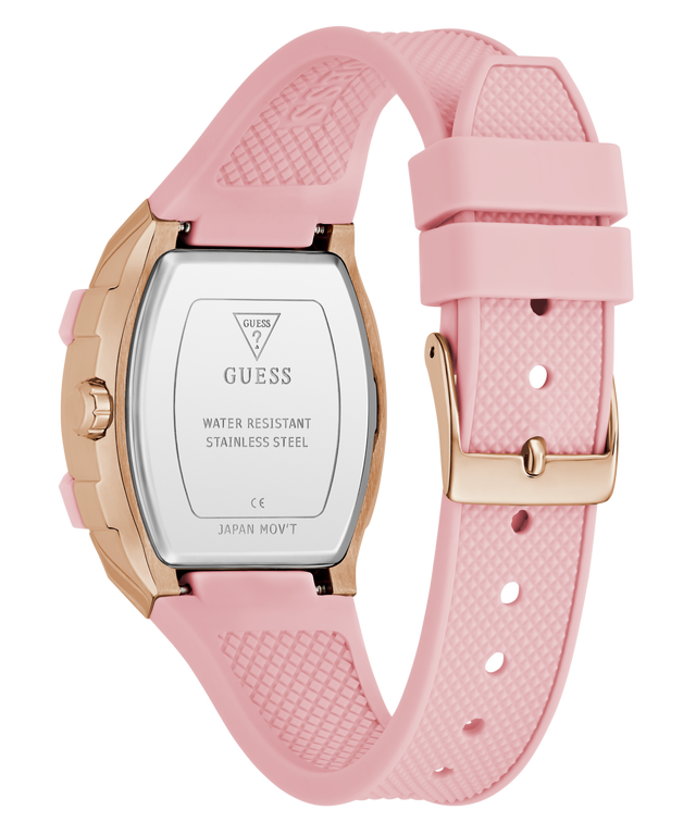 GUESS Ladies Sparkling Pink Rose Gold Tone Multi-function Watch with rose gold accents on a white background