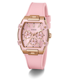 GUESS Ladies Sparkling Pink Rose Gold Tone Multi-function Watch with rose gold accents on a white background