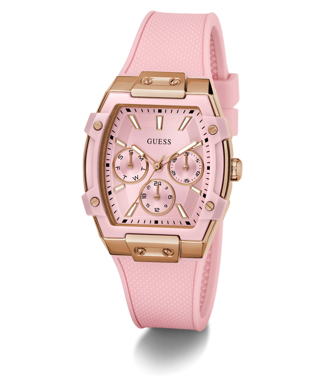 GUESS Ladies Sparkling Pink Rose Gold Tone Multi-function Watch with rose gold accents on a white background