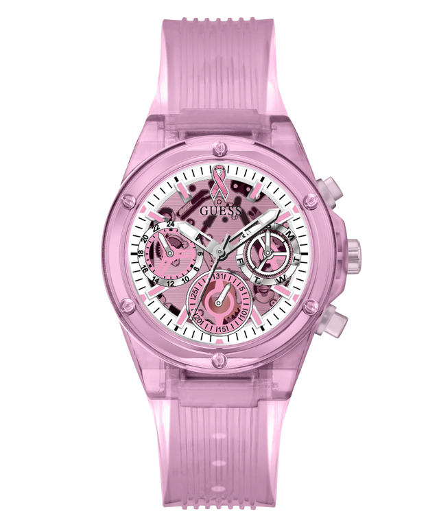 A pink Guess women's chronograph watch with a translucent pink case and matching silicone strap, featuring a white dial with pink and silver details.