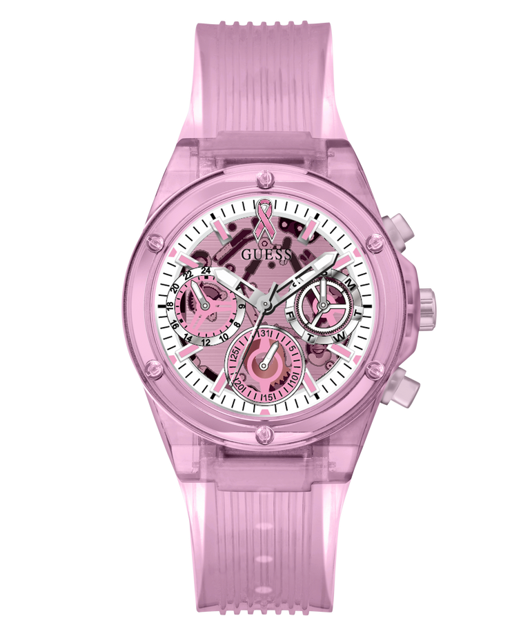 A pink Guess women's chronograph watch with a translucent pink case and matching silicone strap, featuring a white dial with pink and silver details.
