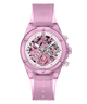 A pink Guess women's chronograph watch with a translucent pink case and matching silicone strap, featuring a white dial with pink and silver details.