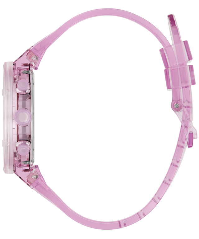 A translucent pink watch with a matching pink strap, shown in a side profile view against a solid white background.