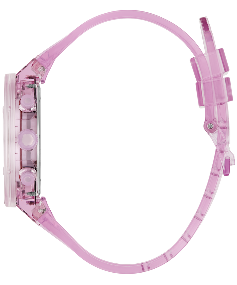 A translucent pink watch with a matching pink strap, shown in a side profile view against a solid white background.