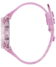 A translucent pink watch with a matching pink strap, shown in a side profile view against a solid white background.