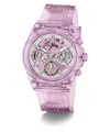 A translucent pink GUESS watch with a matching pink ribbed strap and a white dial featuring multiple subdials.