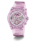 A translucent pink GUESS watch with a matching pink ribbed strap and a white dial featuring multiple subdials.