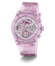 A translucent pink GUESS watch with a matching pink ribbed strap and a white dial featuring multiple subdials.