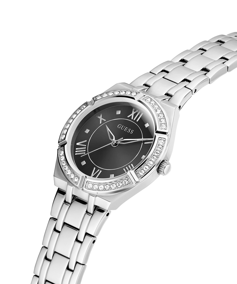 Silver watch with black dial on a white background lifestyle