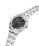 Silver watch with black dial on a white background lifestyle