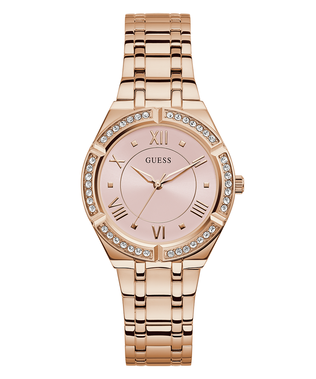 Rose gold watch with gemstone accents on a white background