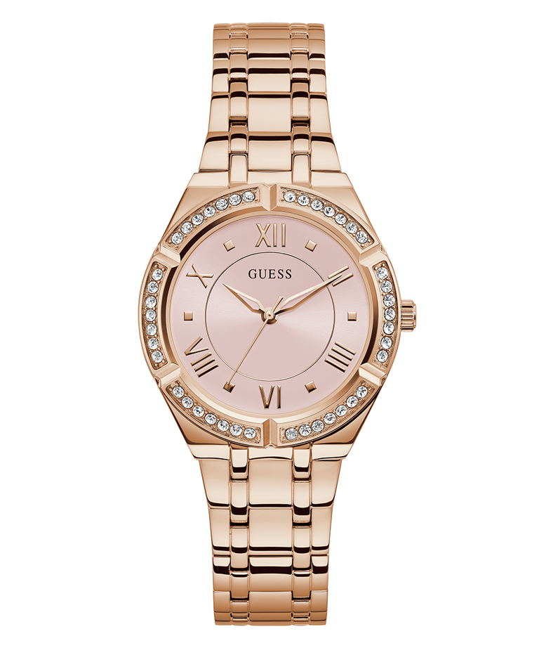Rose gold watch with gemstone accents on a white background