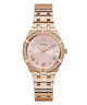Rose gold watch with gemstone accents on a white background