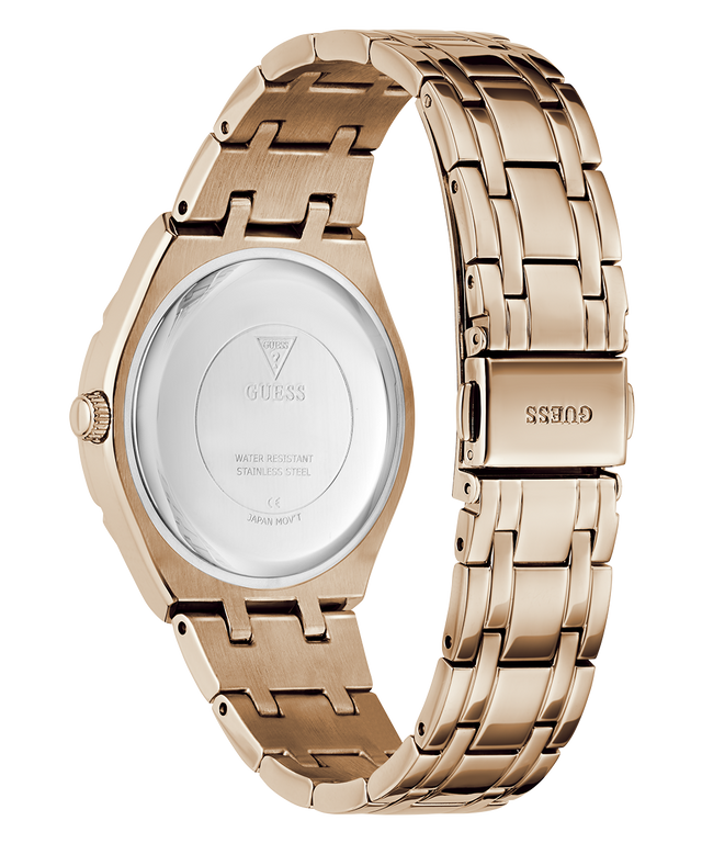 Gold watch with metal band on a white background