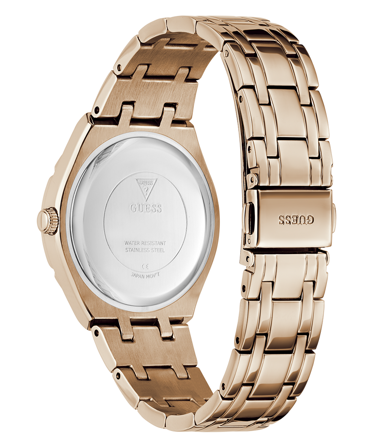 Gold watch with metal band on a white background