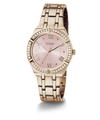 Rose gold watch with pink dial on a white background