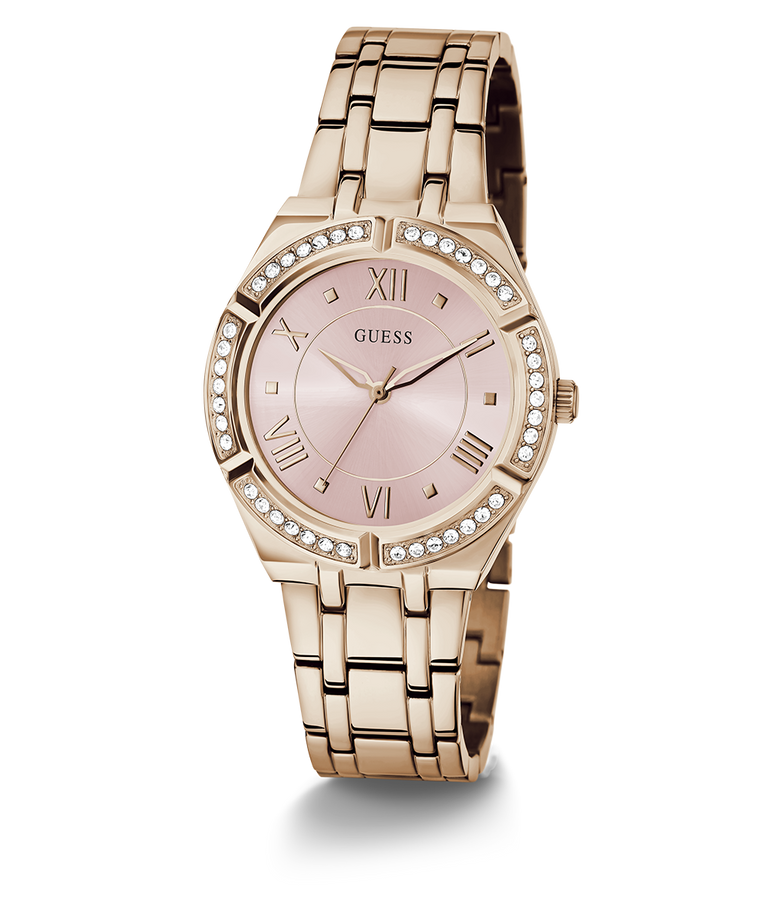 Rose gold watch with pink dial on a white background