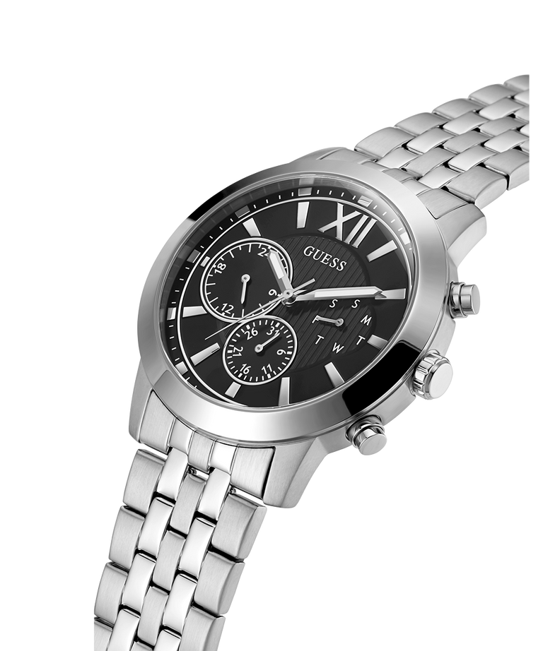 Silver watch with black dial on a white background lifestyle