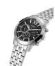 Silver watch with black dial on a white background lifestyle