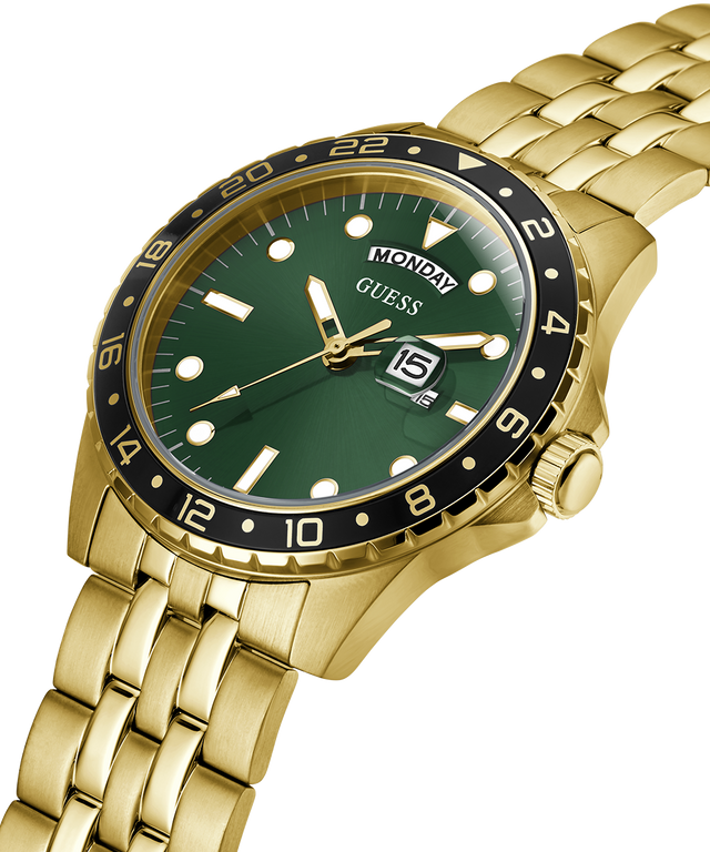 GW0220G2 GUESS Mens Gold Tone Day/Date Watch lifestyle angle