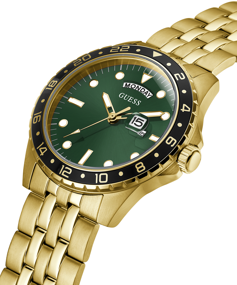 GW0220G2 GUESS Mens Gold Tone Day/Date Watch lifestyle angle