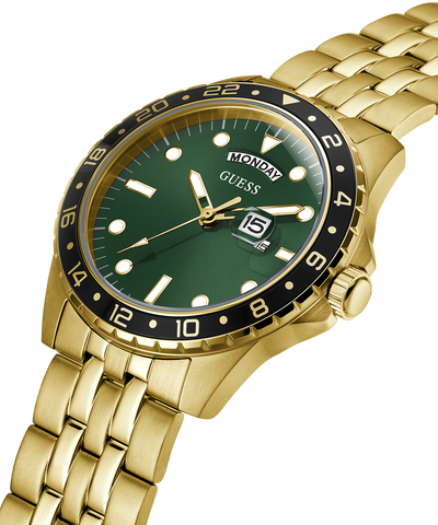 GW0220G2 GUESS Mens Gold Tone Day/Date Watch lifestyle angle