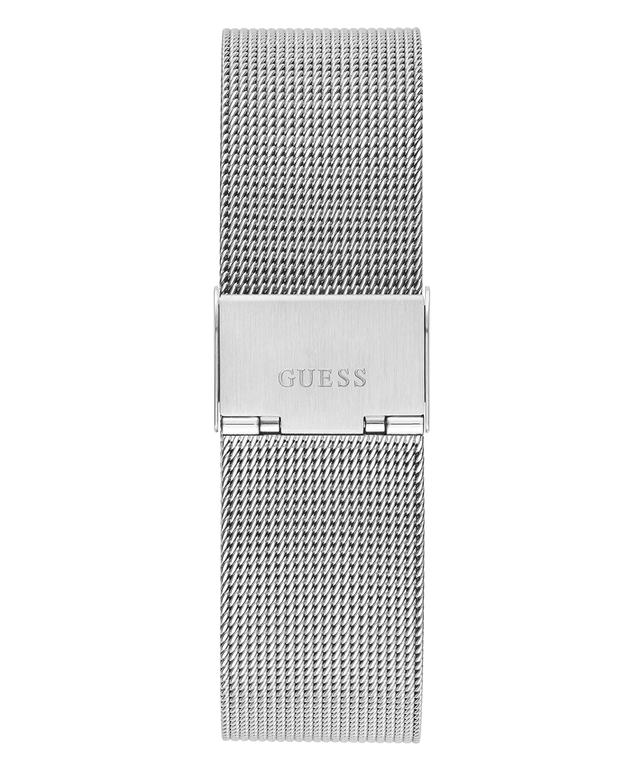 Silver mesh watch strap with Guess logo on a white background