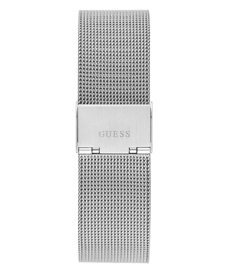 Silver mesh watch strap with Guess logo on a white background