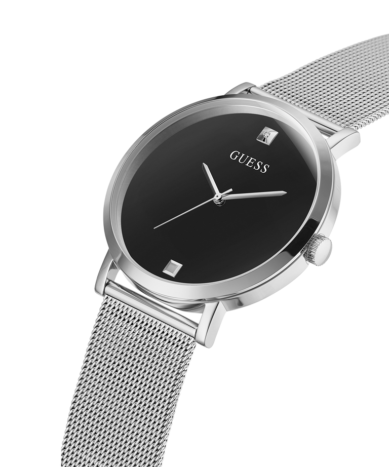 Silver watch with black face on a white background lifestyle