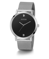 Silver watch with black face on a white background