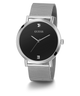 Silver watch with black face on a white background