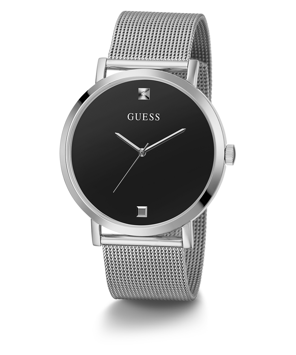 Silver watch with black face on a white background