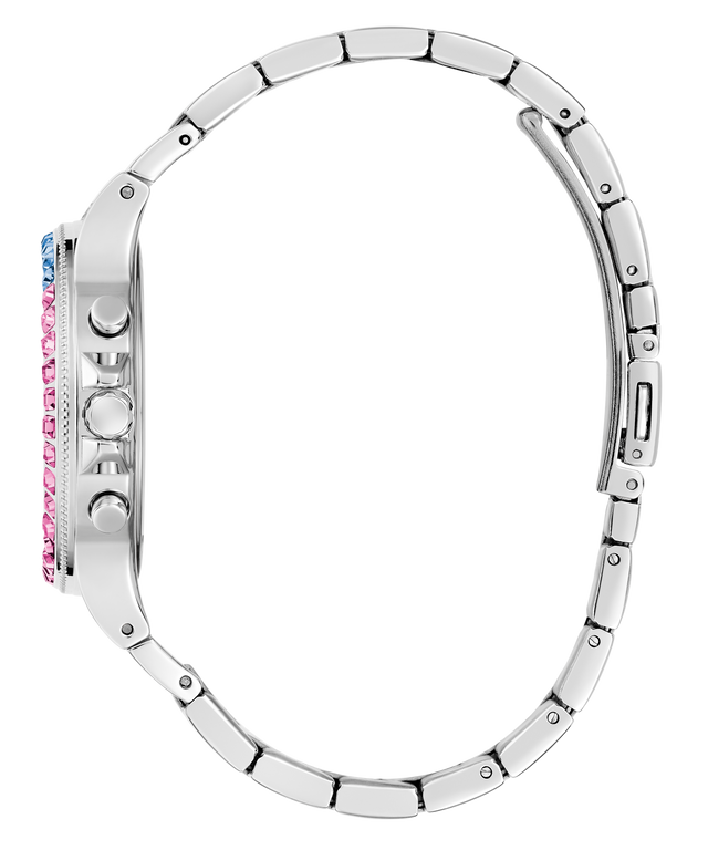 Silver bracelet with colorful gemstones on a white background