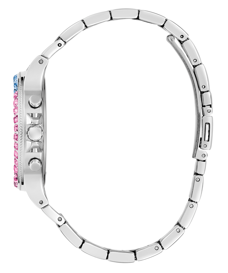 Silver bracelet with colorful gemstones on a white background